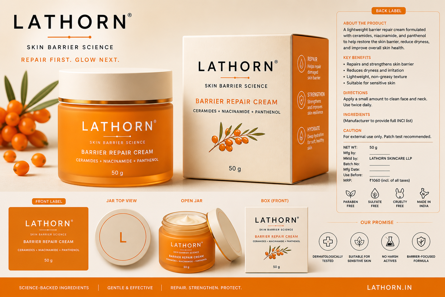 LATHORN Barrier Repair Face Cream for Dry & Sensitive Skin | Ceramides, Niacinamide & Panthenol